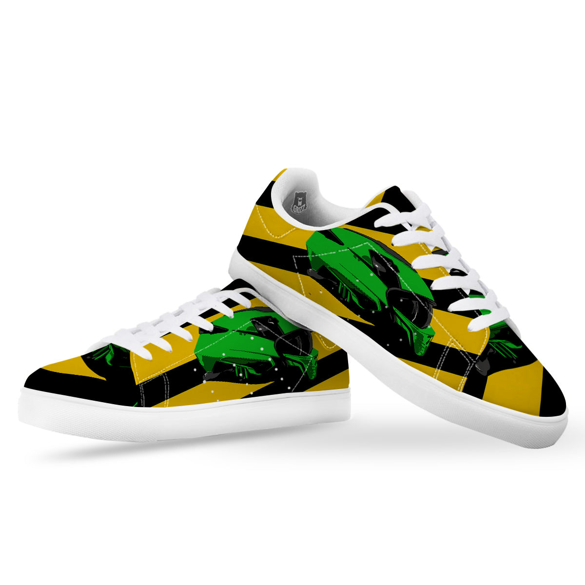 Yellow And Green Helmet Print White Low Top Sneakers-grizzshop