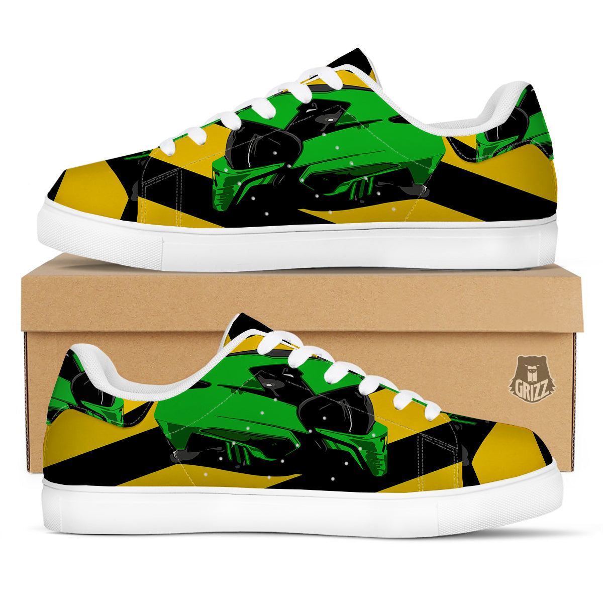 Yellow And Green Helmet Print White Low Top Sneakers-grizzshop