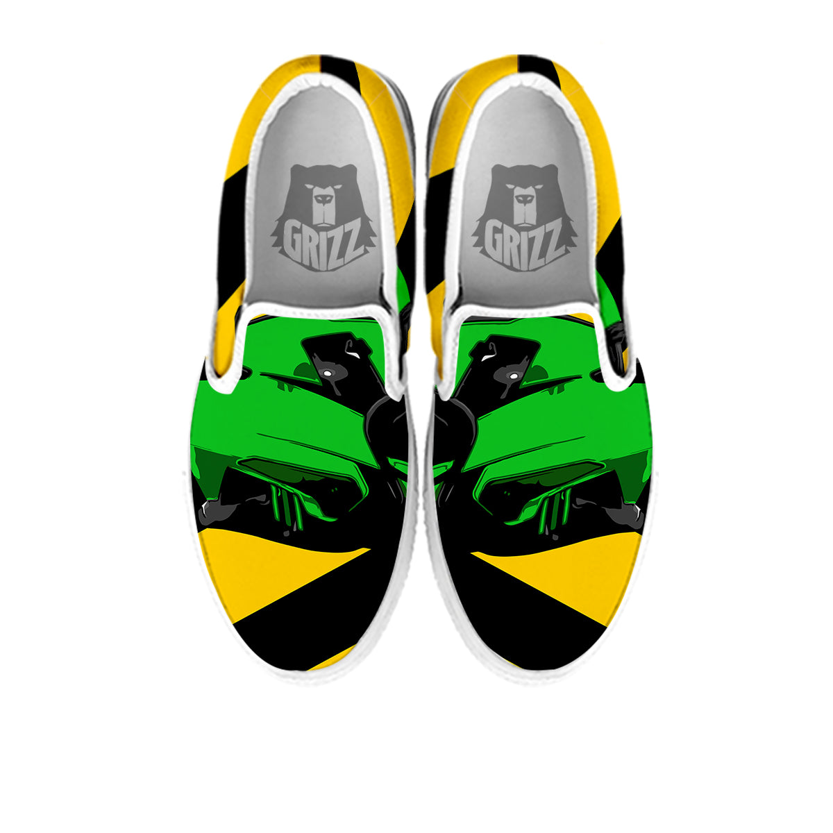 Yellow And Green Helmet Print White Slip On Shoes-grizzshop