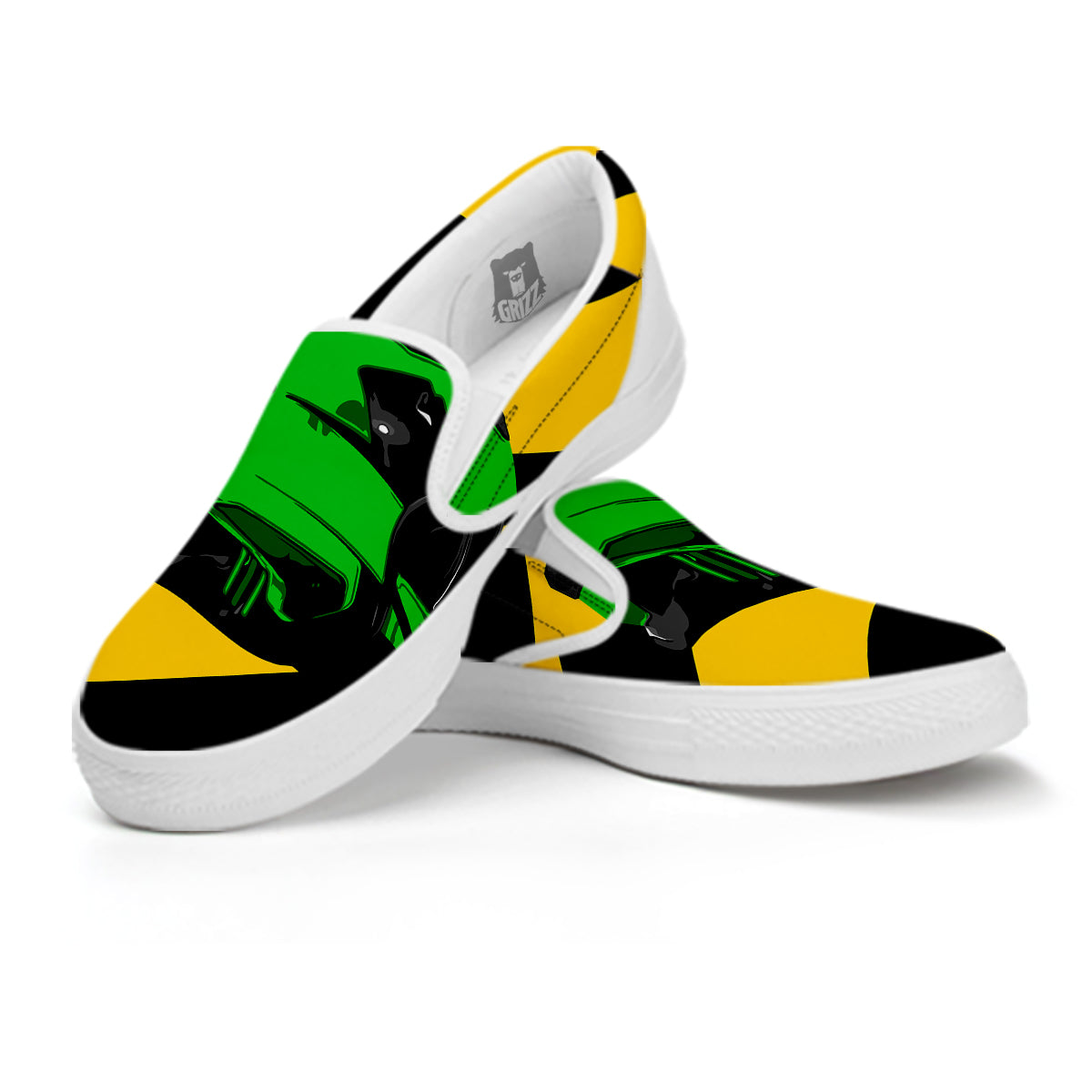 Yellow And Green Helmet Print White Slip On Shoes-grizzshop