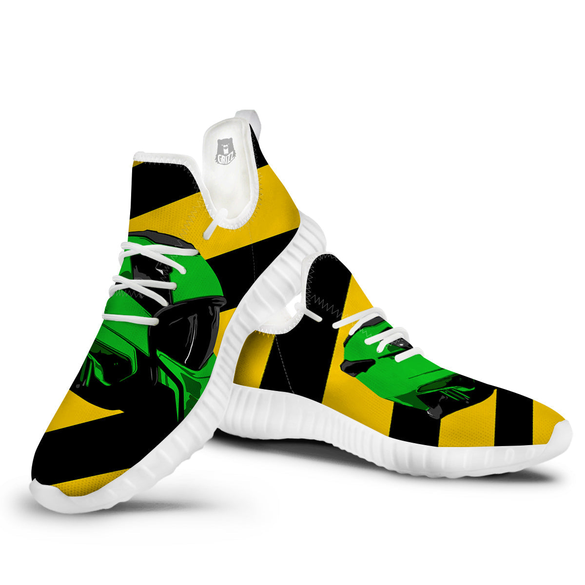 Yellow And Green Helmet Print White Walking Shoes-grizzshop