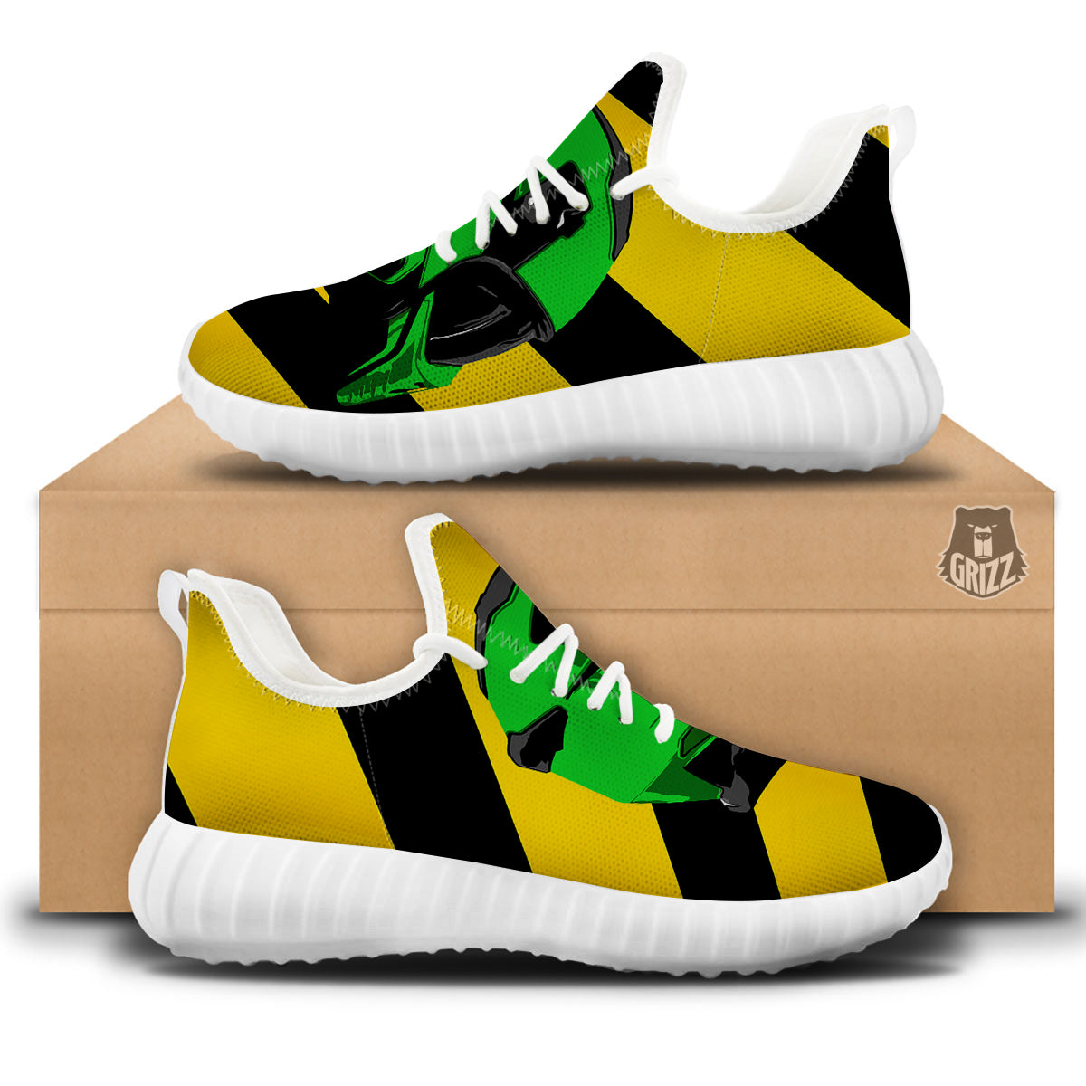 Yellow And Green Helmet Print White Walking Shoes-grizzshop