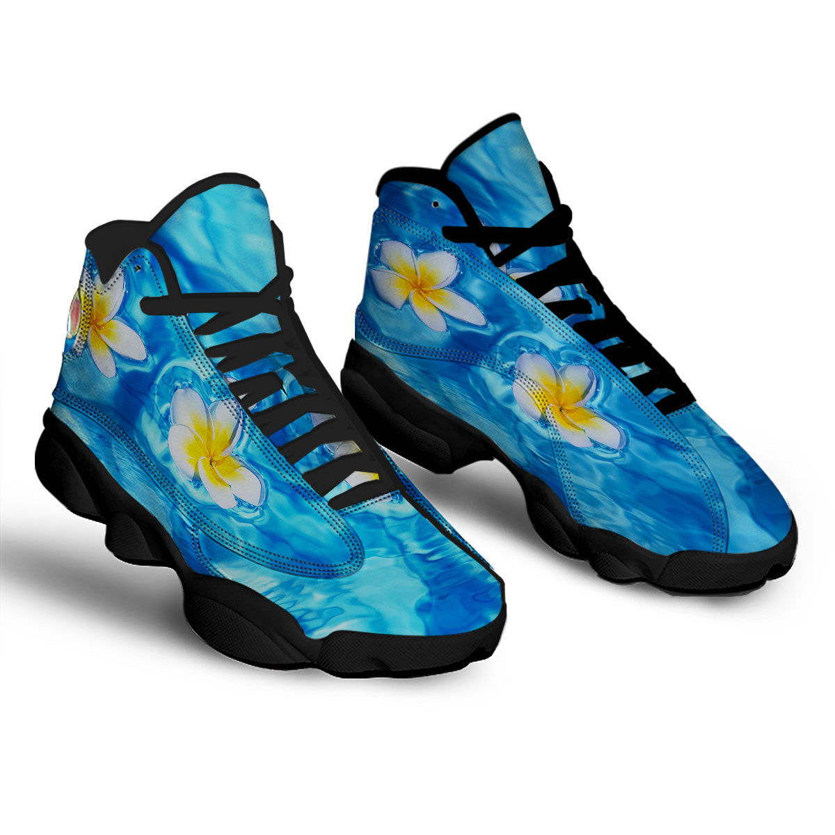 Yellow And White Plumeria In Water Print Black Basketball Shoes-grizzshop