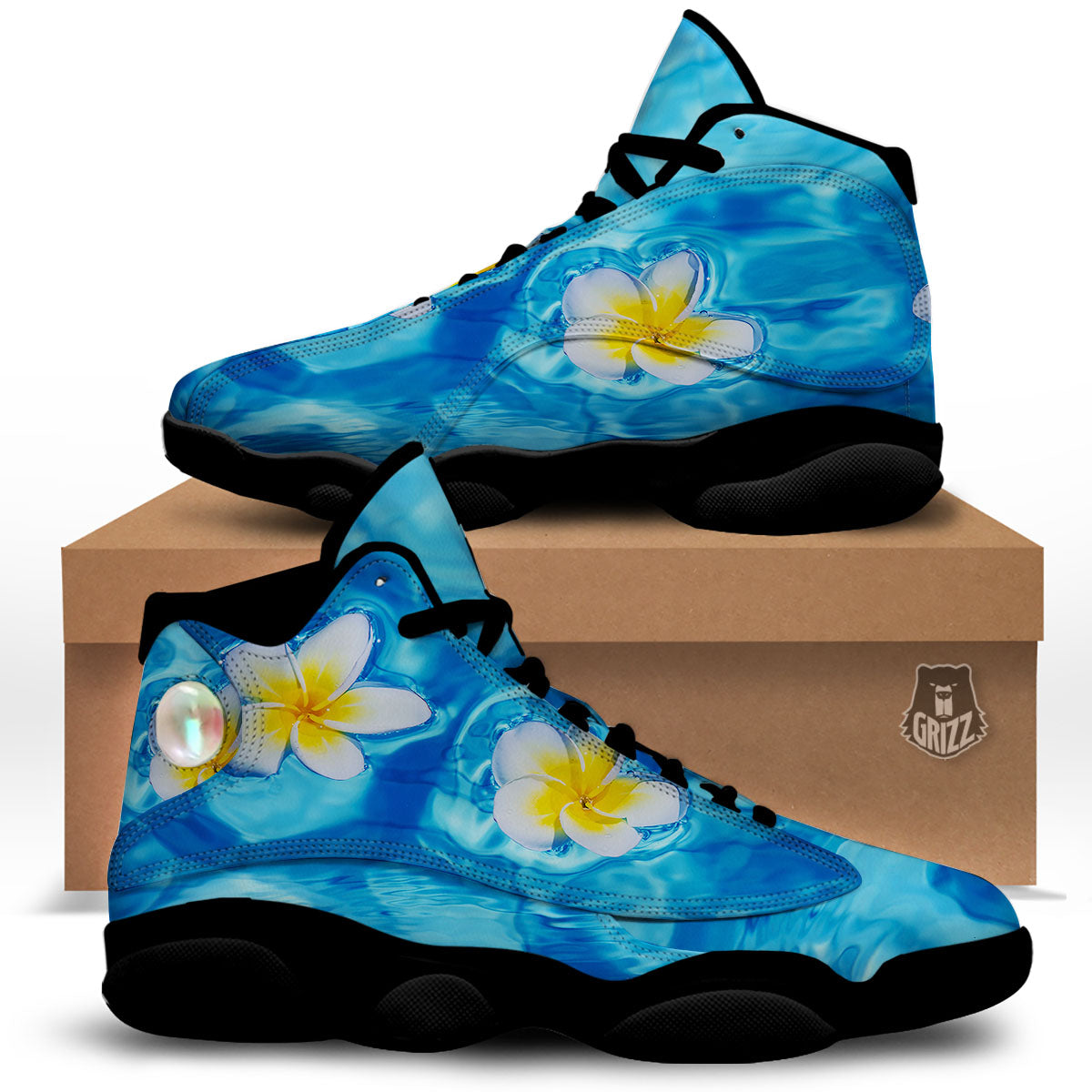 Yellow And White Plumeria In Water Print Black Basketball Shoes-grizzshop