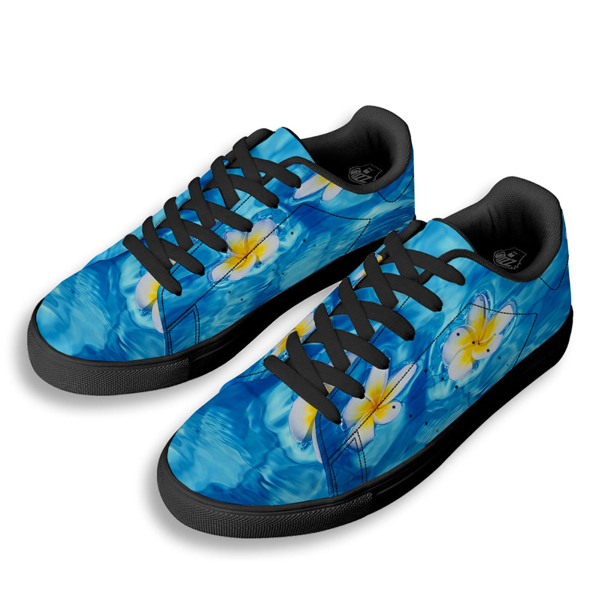 Yellow And White Plumeria In Water Print Black Low Top Sneakers-grizzshop