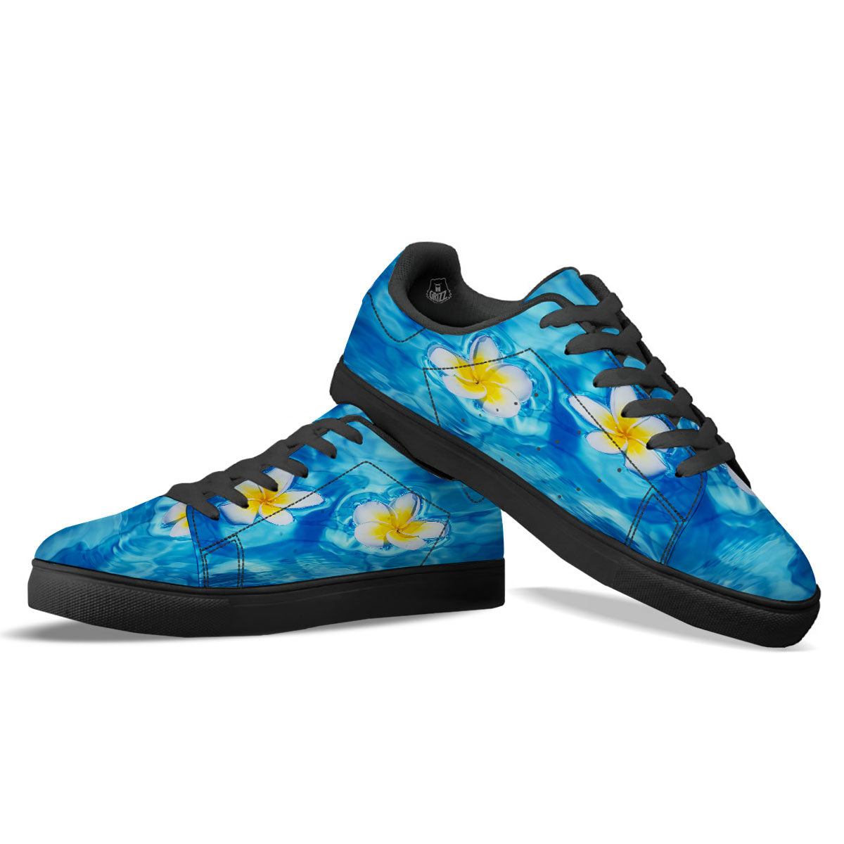Yellow And White Plumeria In Water Print Black Low Top Sneakers-grizzshop