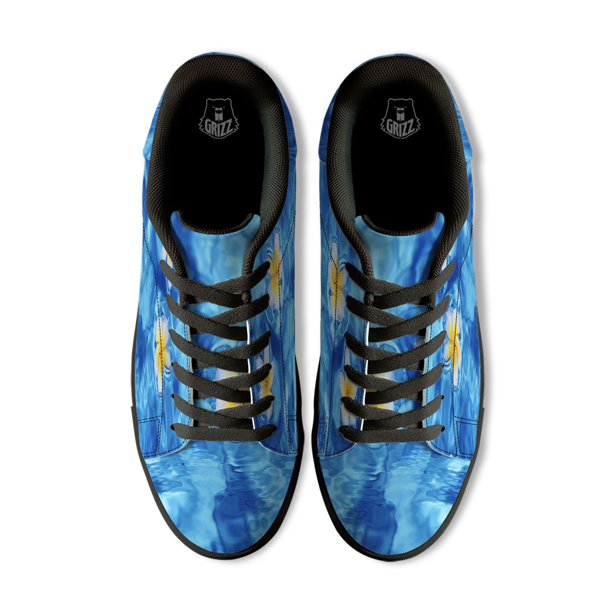 Yellow And White Plumeria In Water Print Black Low Top Sneakers-grizzshop