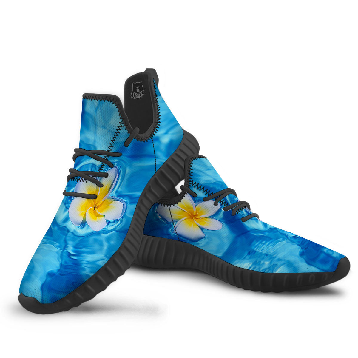 Yellow And White Plumeria In Water Print Black Walking Shoes-grizzshop