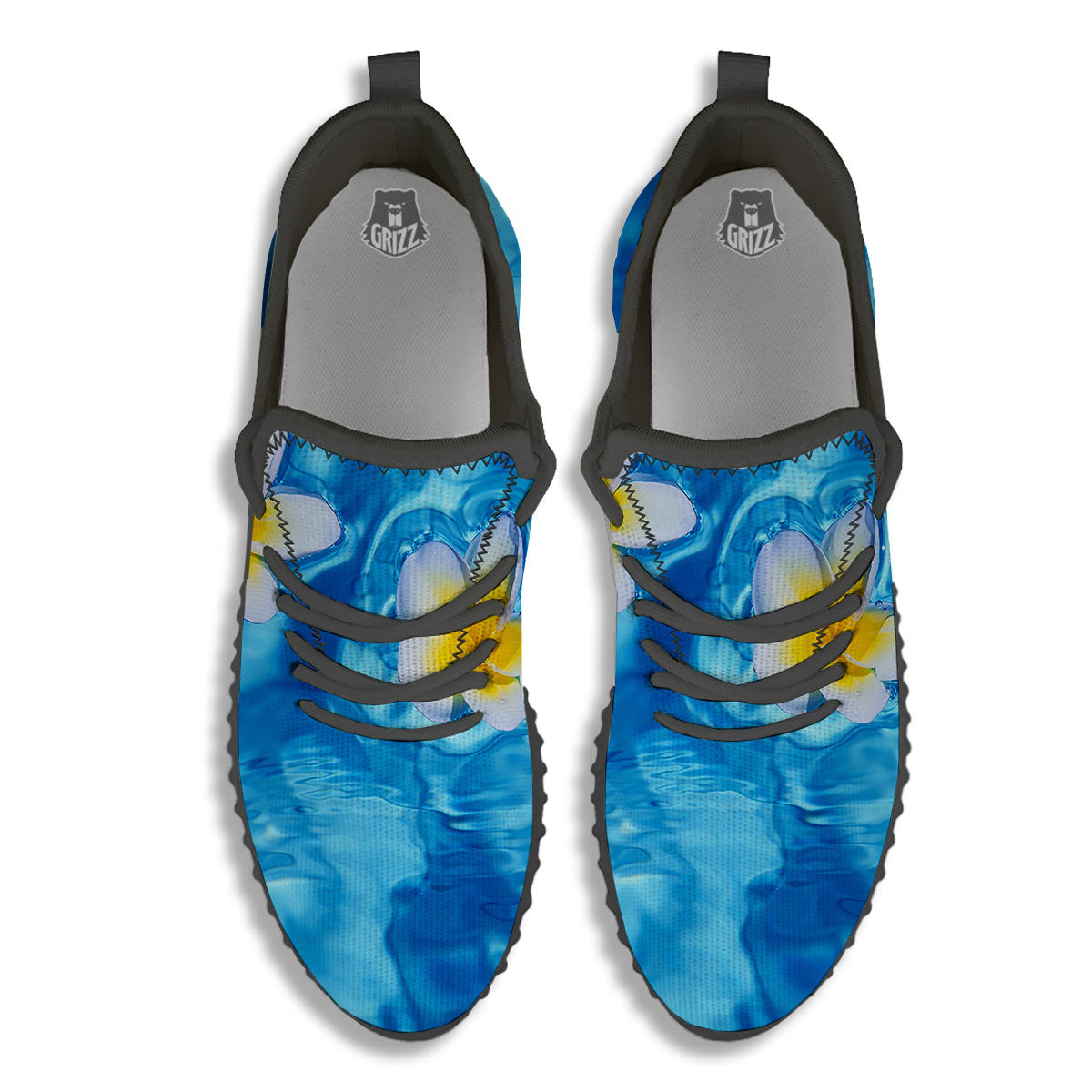 Yellow And White Plumeria In Water Print Black Walking Shoes-grizzshop