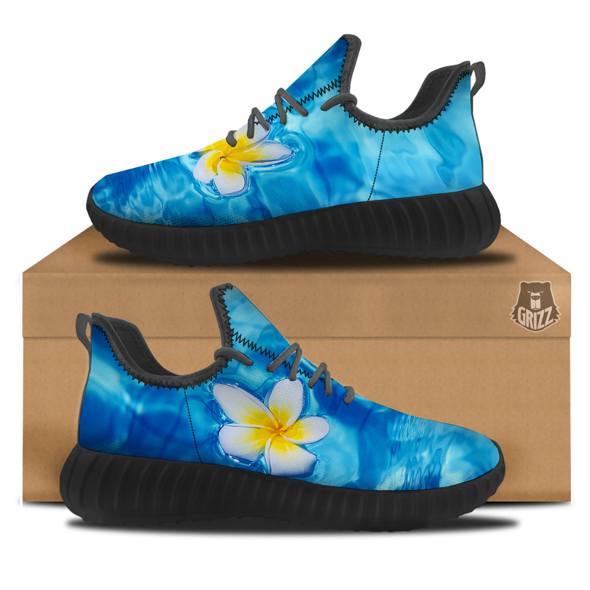 Yellow And White Plumeria In Water Print Black Walking Shoes-grizzshop