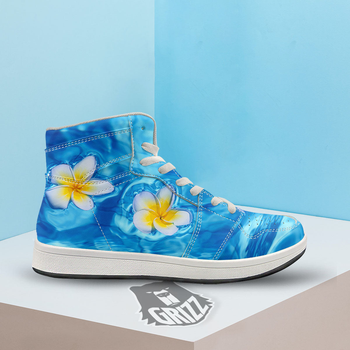 Yellow And White Plumeria In Water Print High Top Sneakers-grizzshop