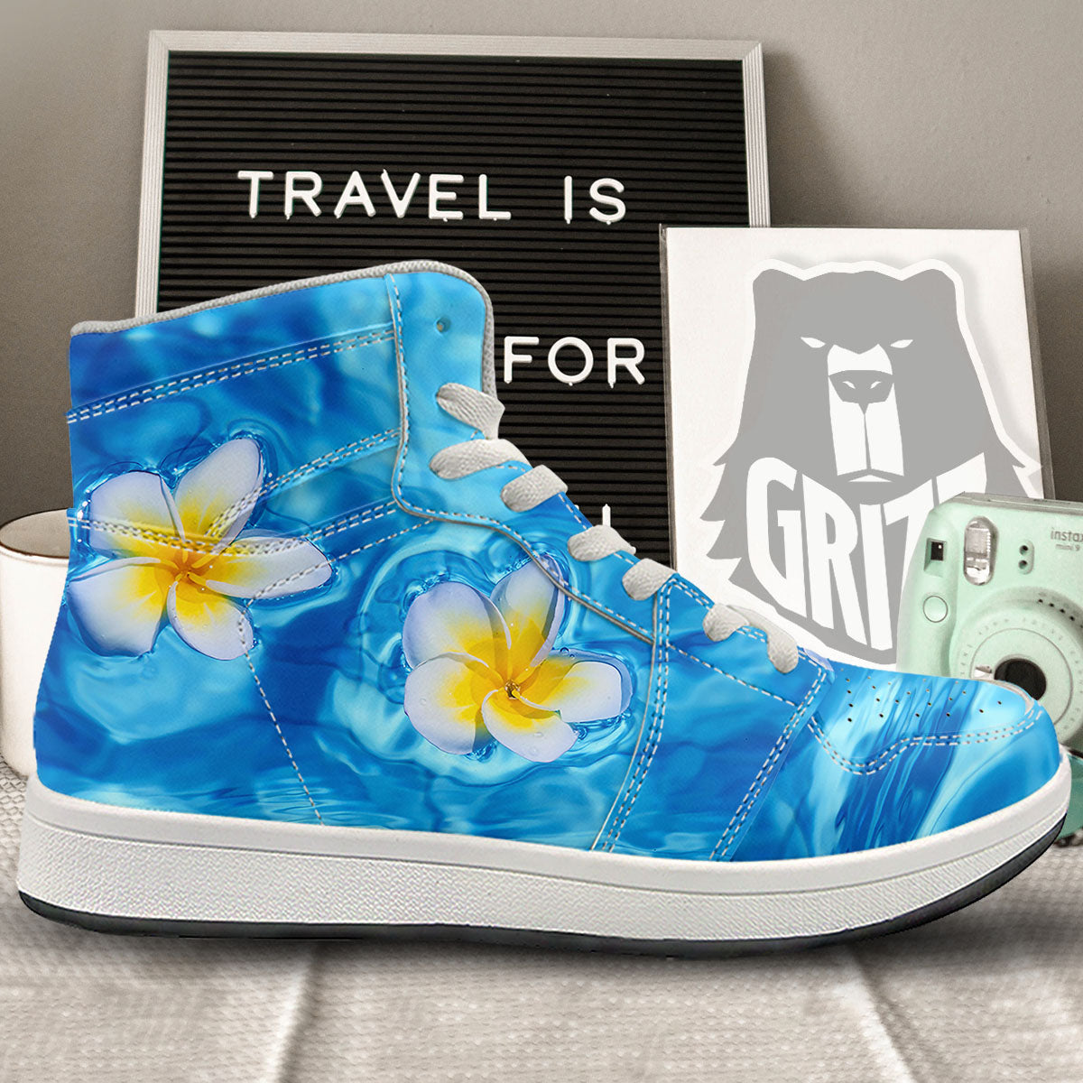 Yellow And White Plumeria In Water Print High Top Sneakers-grizzshop