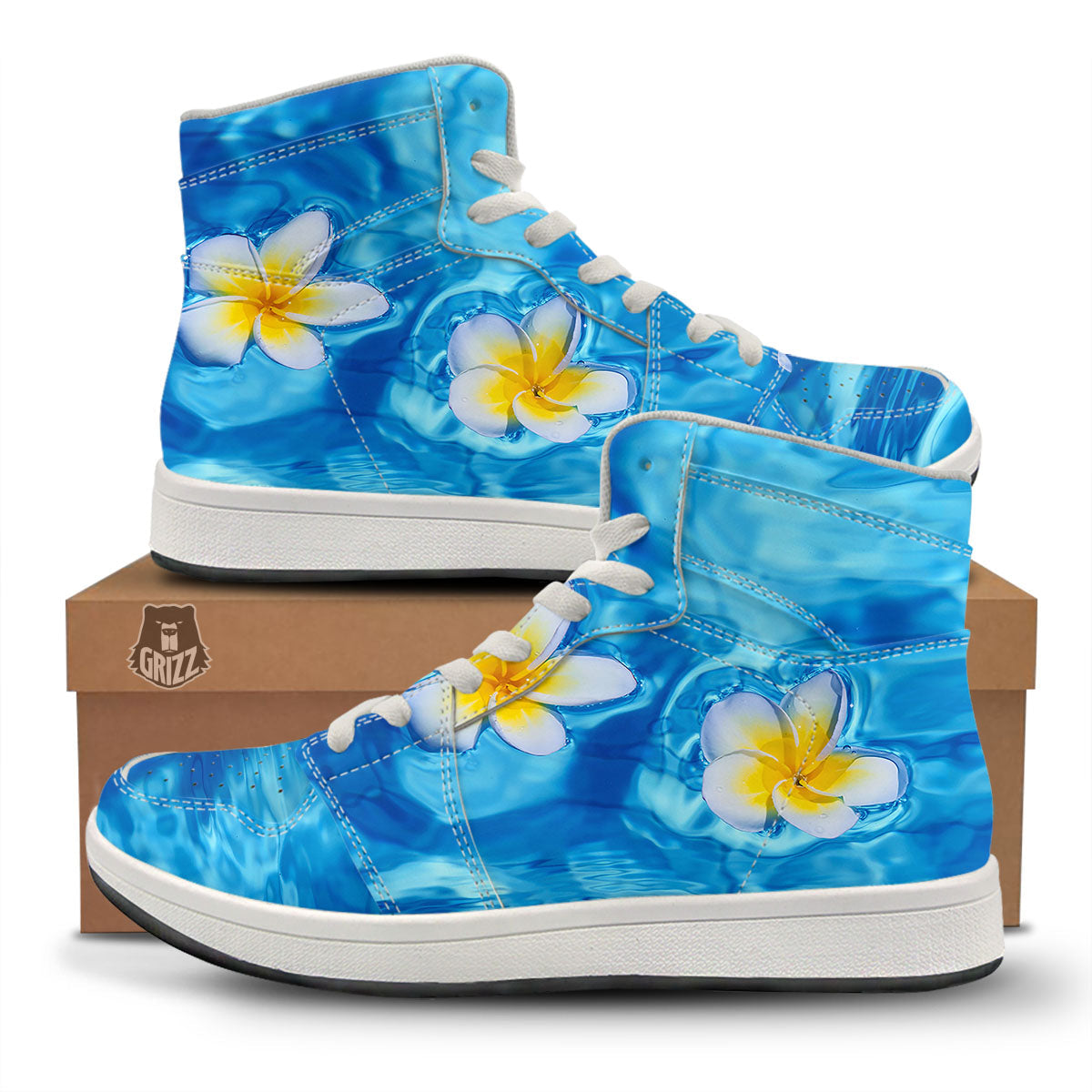 Yellow And White Plumeria In Water Print High Top Sneakers-grizzshop