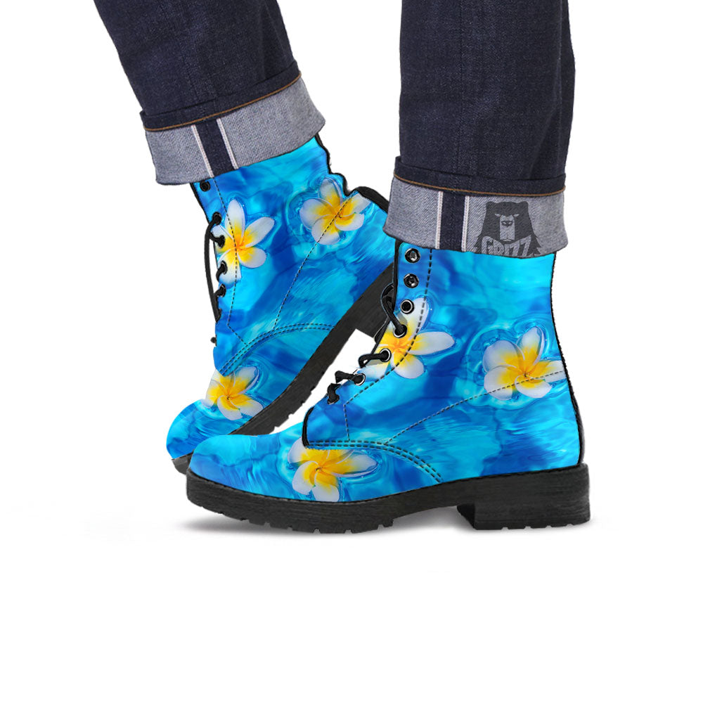 Yellow And White Plumeria In Water Print Leather Boots-grizzshop