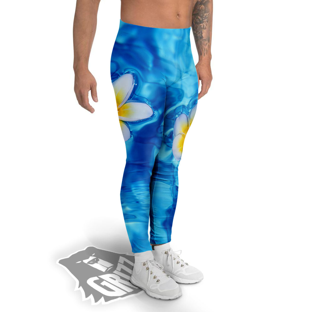 Yellow And White Plumeria In Water Print Men's Leggings-grizzshop