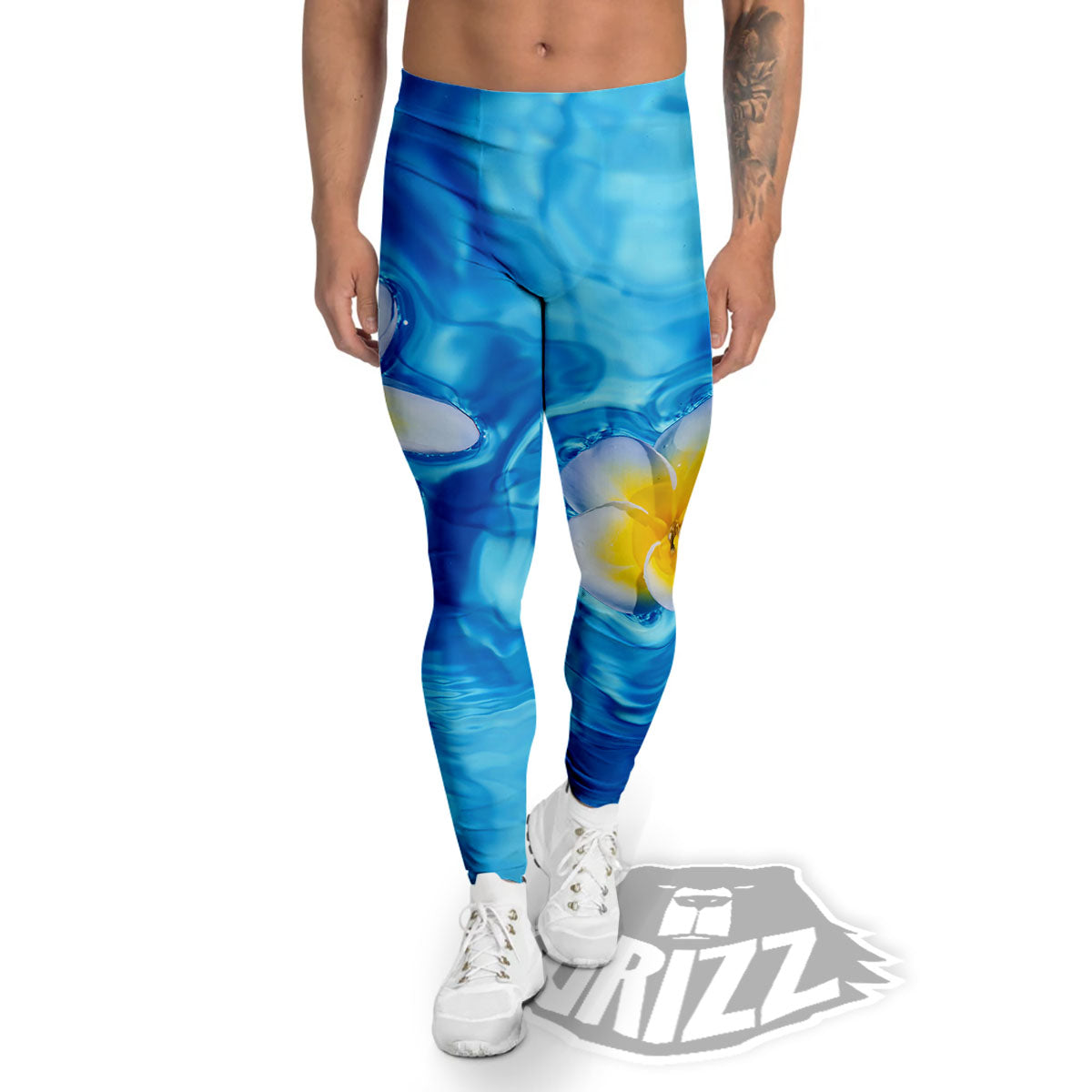 Yellow And White Plumeria In Water Print Men's Leggings-grizzshop