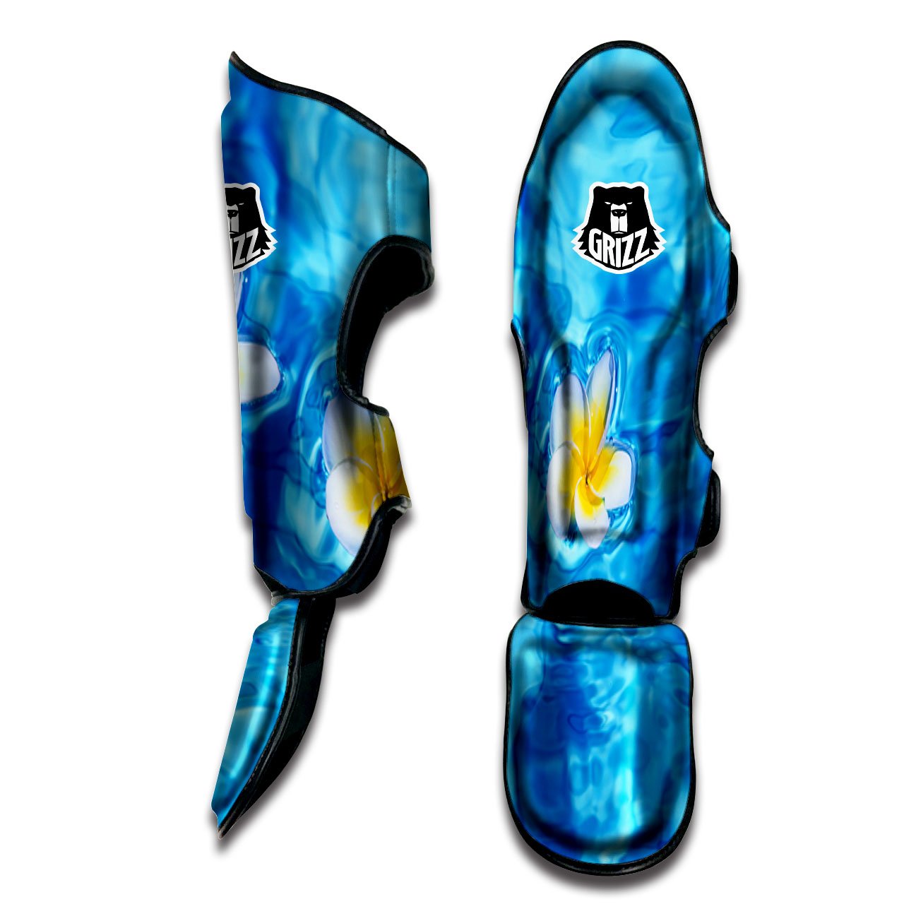 Yellow And White Plumeria In Water Print Muay Thai Shin Guards-grizzshop