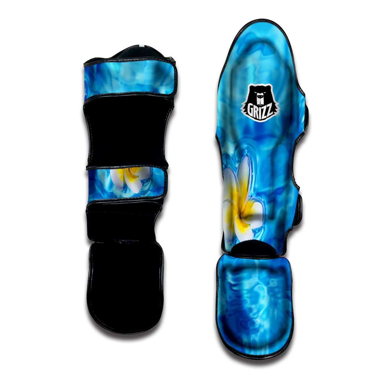 Yellow And White Plumeria In Water Print Muay Thai Shin Guards-grizzshop