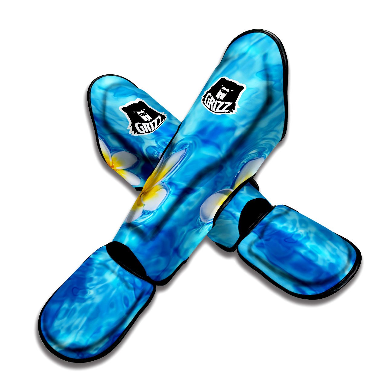 Yellow And White Plumeria In Water Print Muay Thai Shin Guards-grizzshop