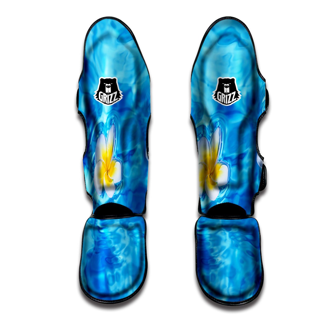 Yellow And White Plumeria In Water Print Muay Thai Shin Guards-grizzshop