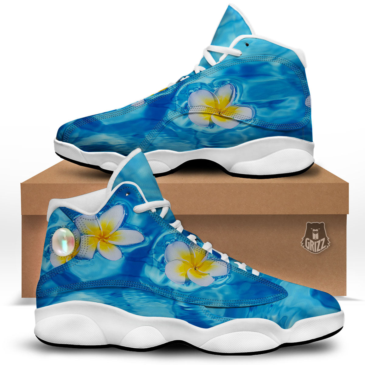 Yellow And White Plumeria In Water Print White Basketball Shoes-grizzshop