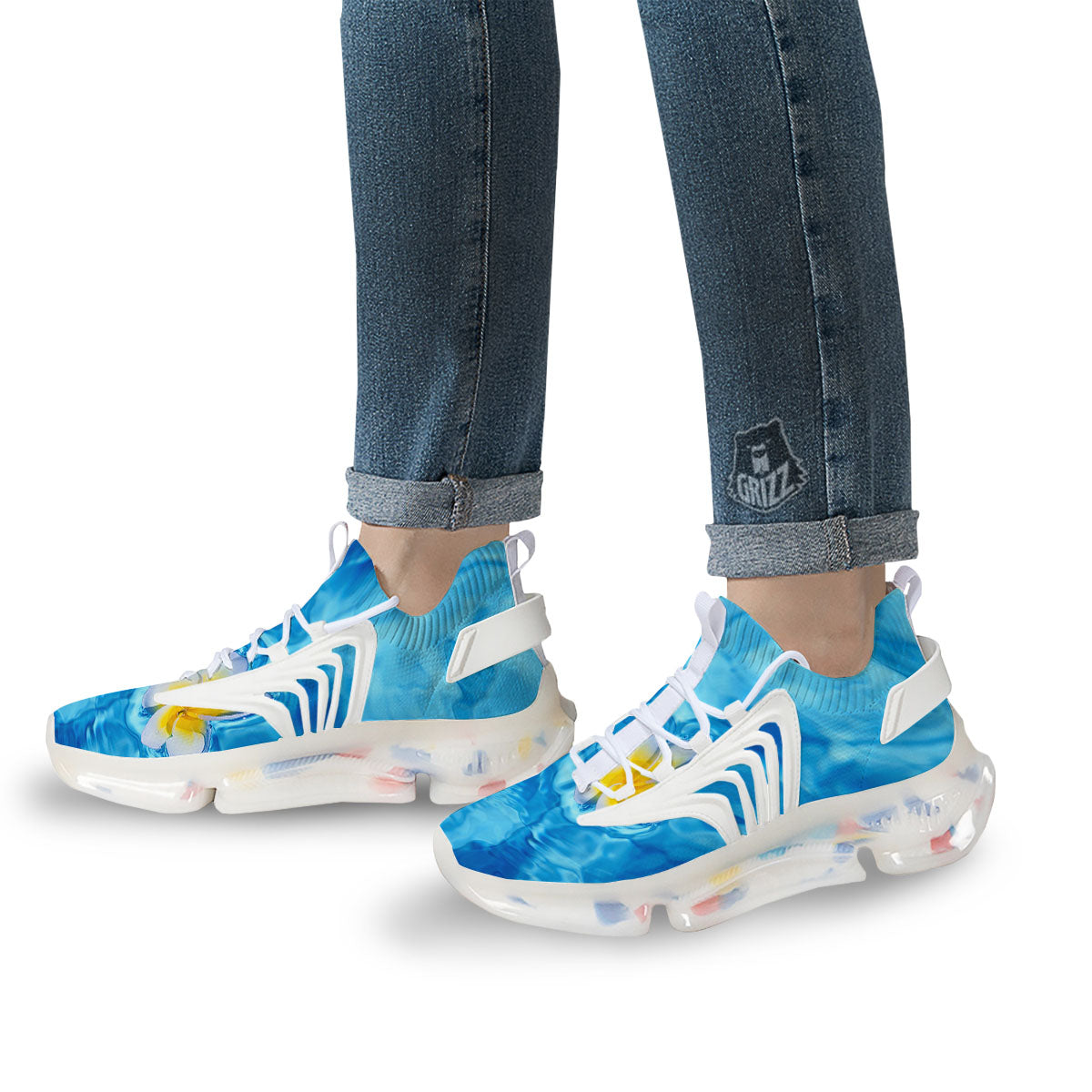 Yellow And White Plumeria In Water Print White Gym Shoes-grizzshop