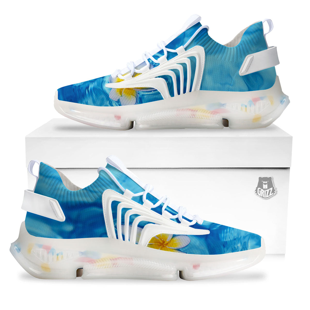 Yellow And White Plumeria In Water Print White Gym Shoes-grizzshop