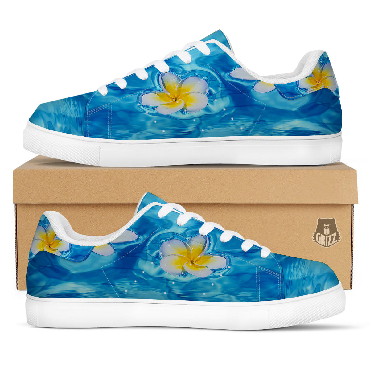 Yellow And White Plumeria In Water Print White Low Top Sneakers-grizzshop