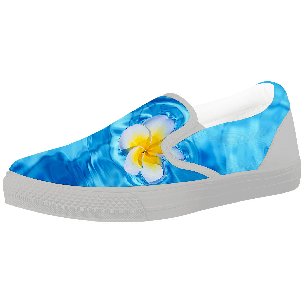 Yellow And White Plumeria In Water Print White Slip On Shoes-grizzshop