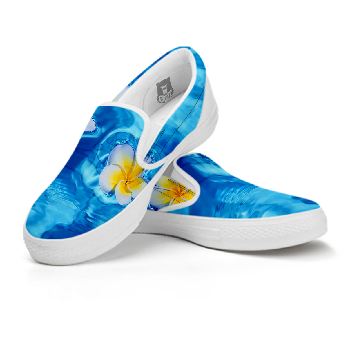 Yellow And White Plumeria In Water Print White Slip On Shoes-grizzshop
