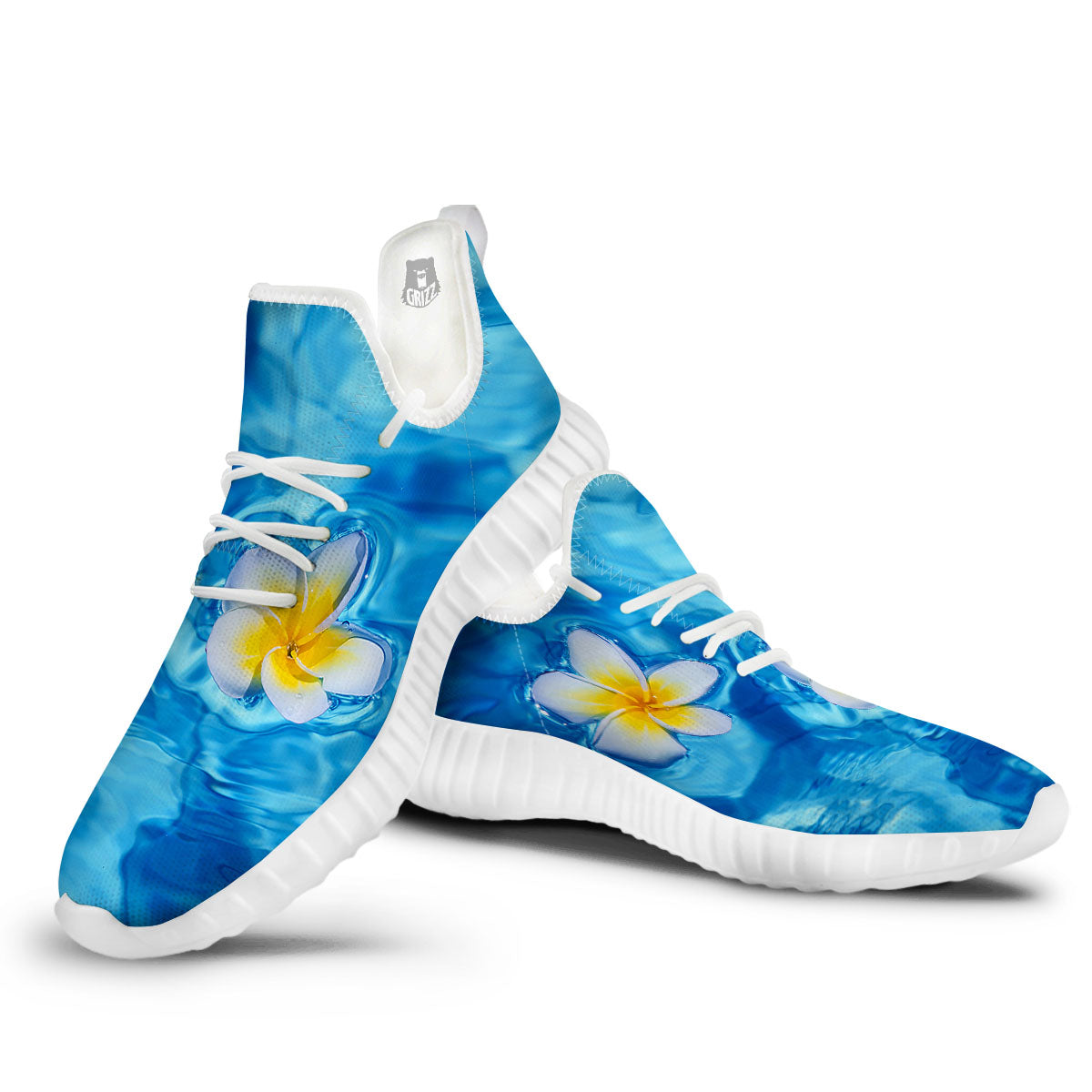 Yellow And White Plumeria In Water Print White Walking Shoes-grizzshop