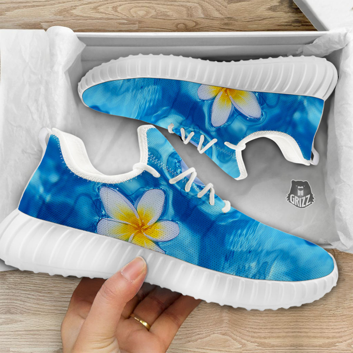 Yellow And White Plumeria In Water Print White Walking Shoes-grizzshop