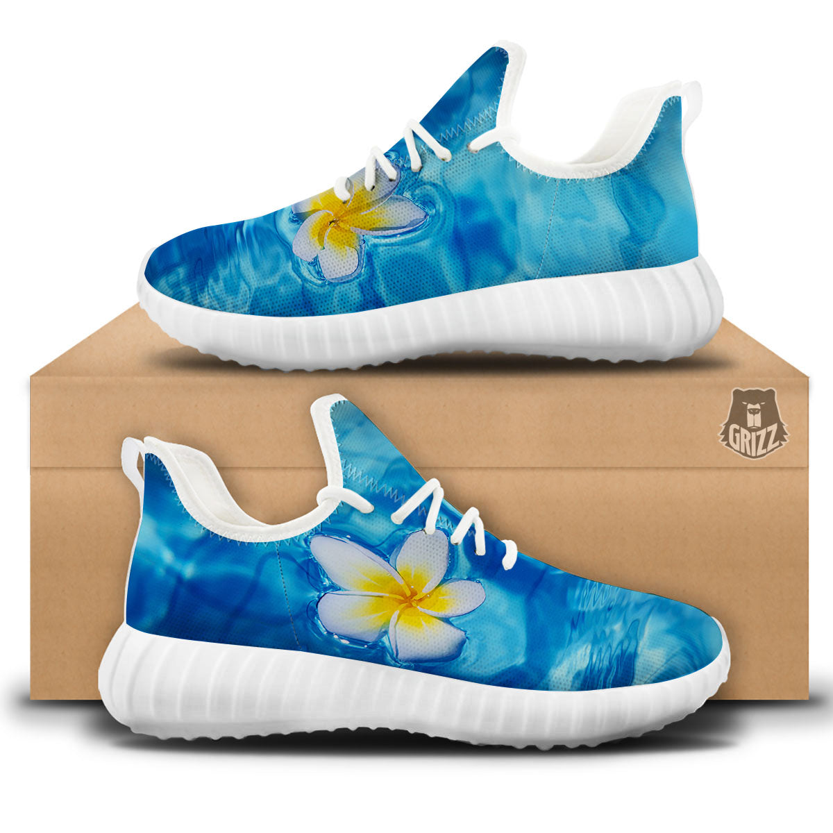 Yellow And White Plumeria In Water Print White Walking Shoes-grizzshop