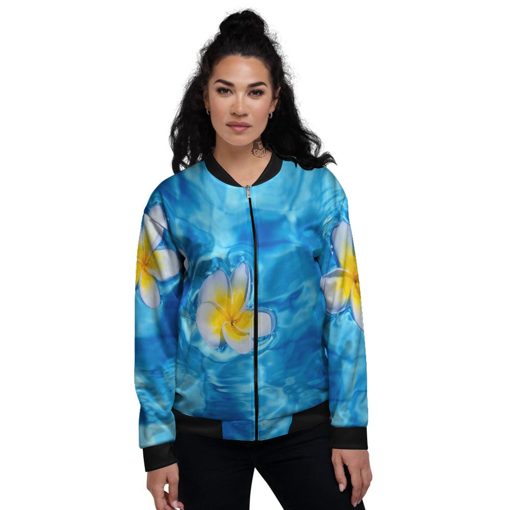 Yellow And White Plumeria In Water Print Women's Bomber Jacket-grizzshop