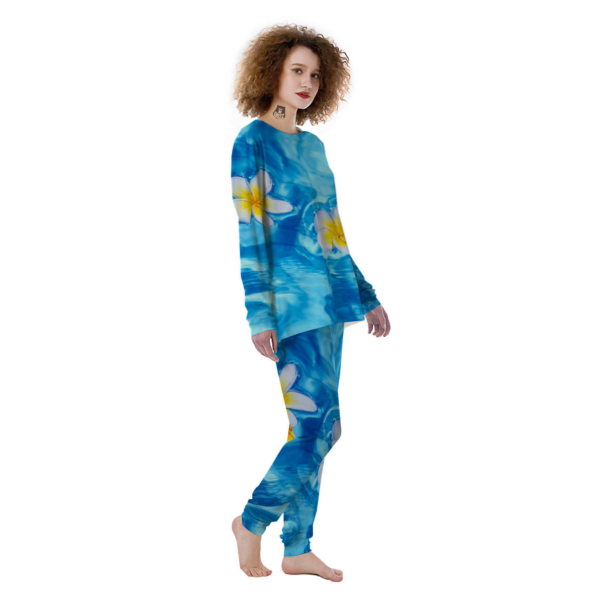 Yellow And White Plumeria In Water Print Women's Pajamas-grizzshop