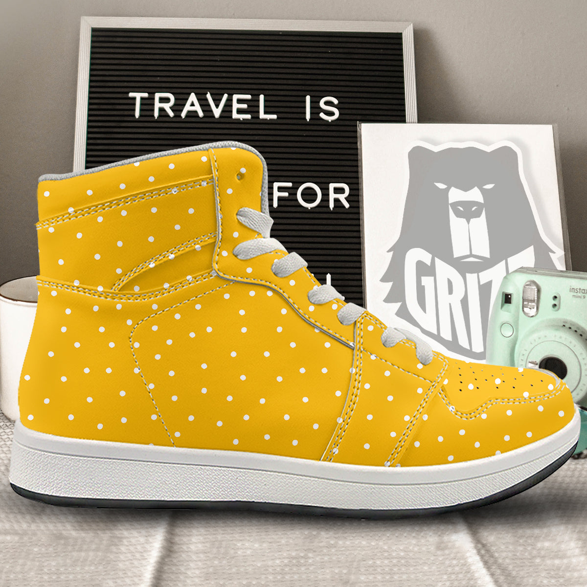 Yellow And White Polka Dot Print Pattern High Top Sneakers-grizzshop