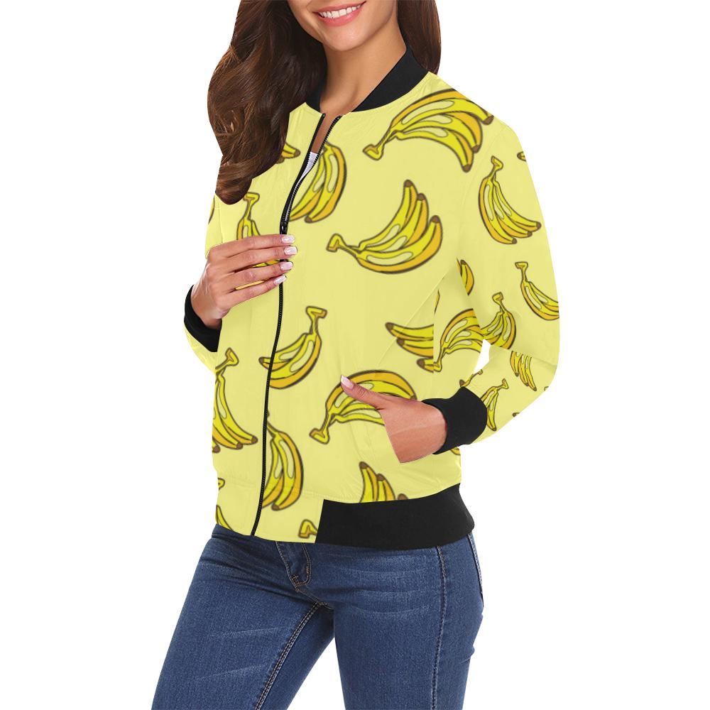 Yellow Banana Pattern Print Women Casual Bomber Jacket-grizzshop