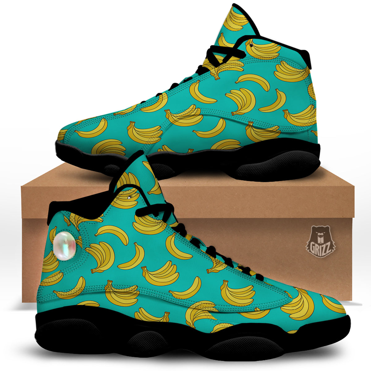 Yellow Banana Print Pattern Black Basketball Shoes-grizzshop