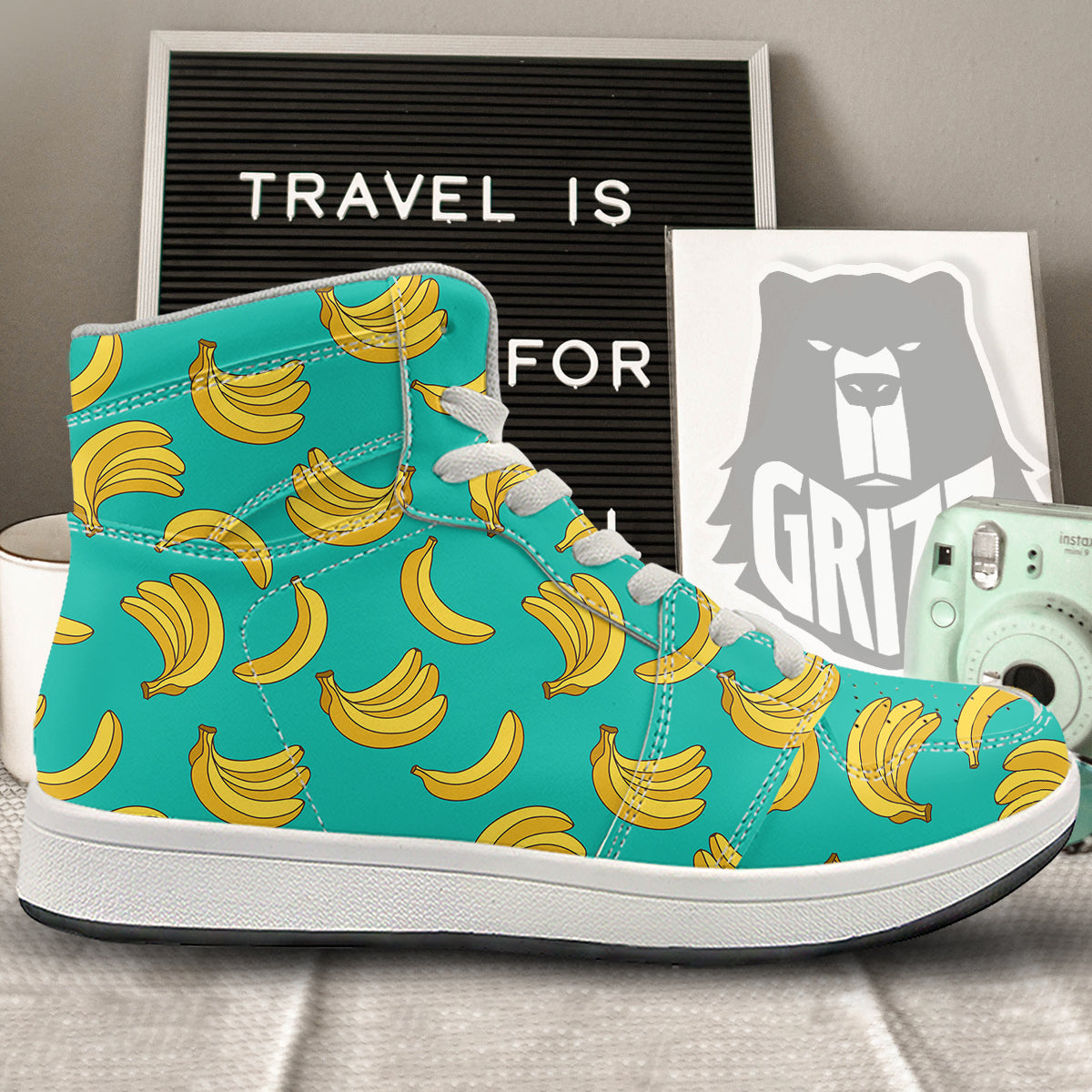 Yellow Banana Print Pattern High Top Sneakers-grizzshop