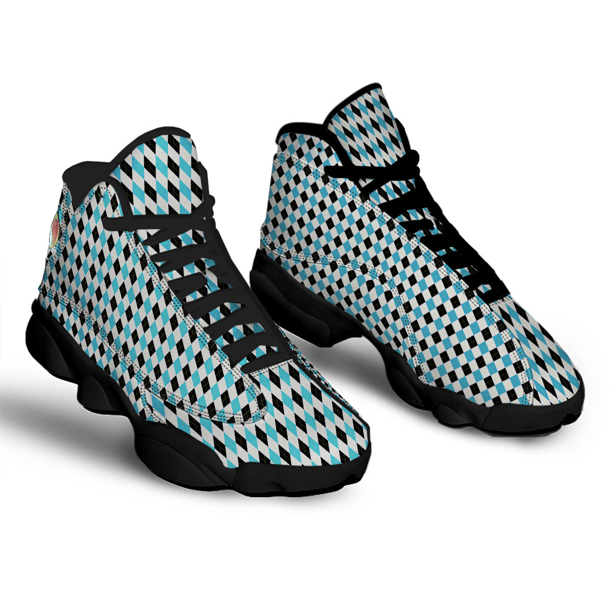 Yellow Black And Blue Argyle Print Black Basketball Shoes-grizzshop