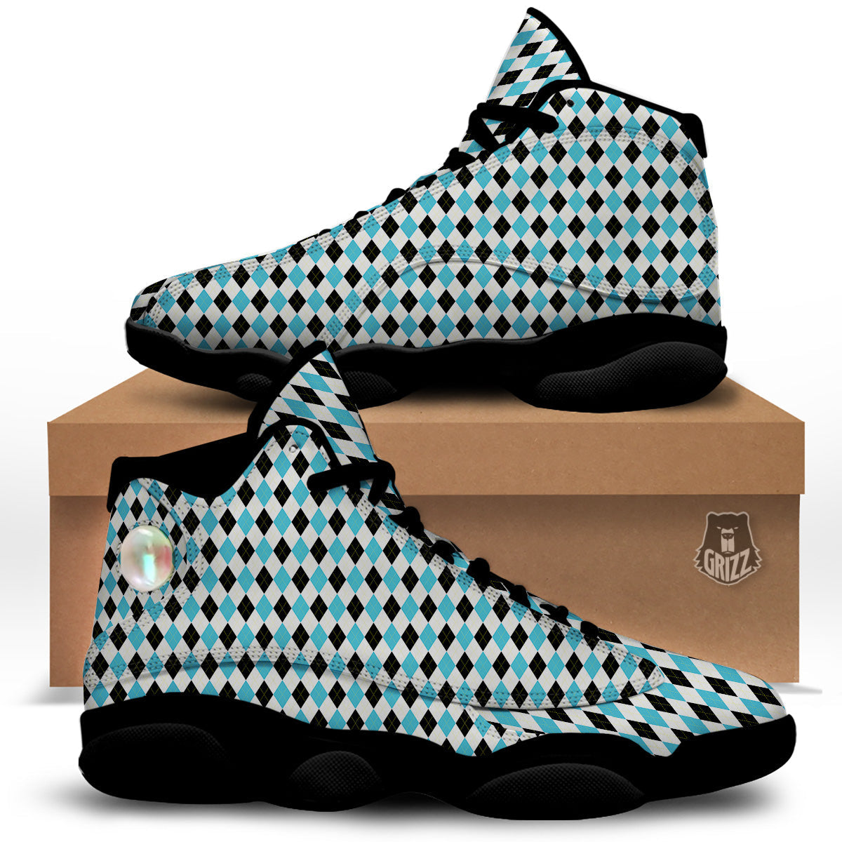 Yellow Black And Blue Argyle Print Black Basketball Shoes-grizzshop