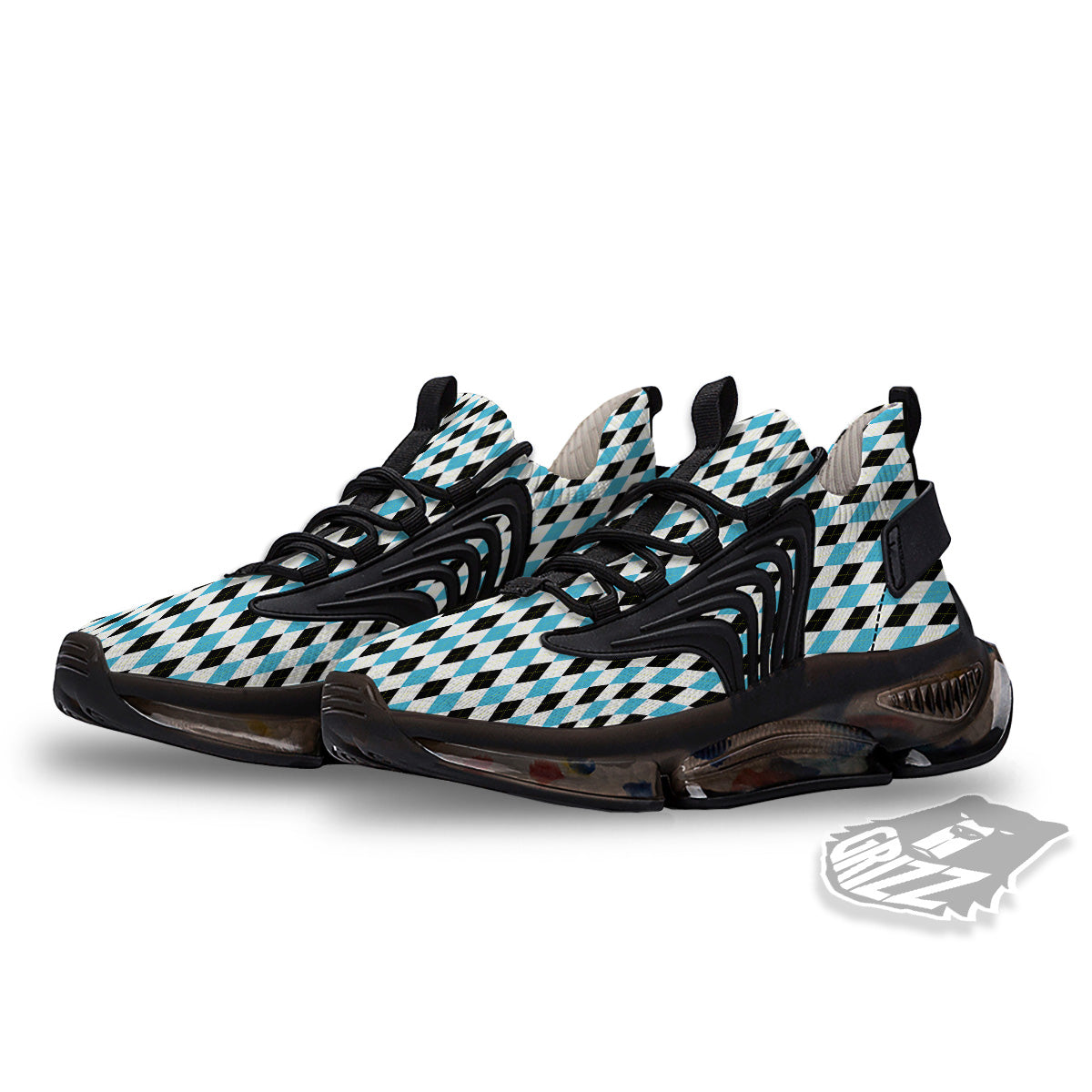 Yellow Black And Blue Argyle Print Black Gym Shoes-grizzshop