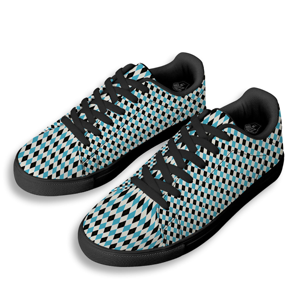 Yellow Black And Blue Argyle Print Black Low Top Sneakers-grizzshop