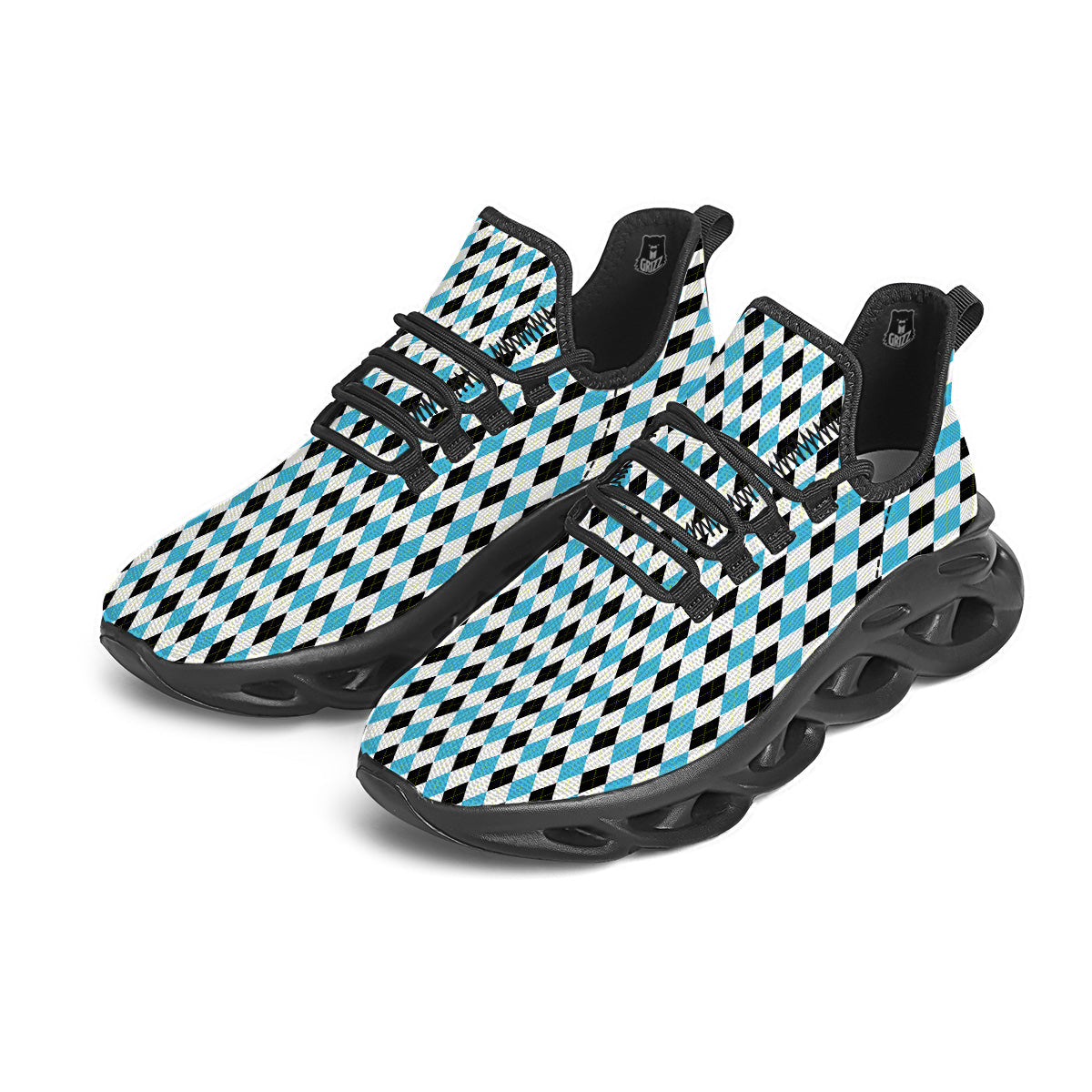 Yellow Black And Blue Argyle Print Black Running Shoes-grizzshop