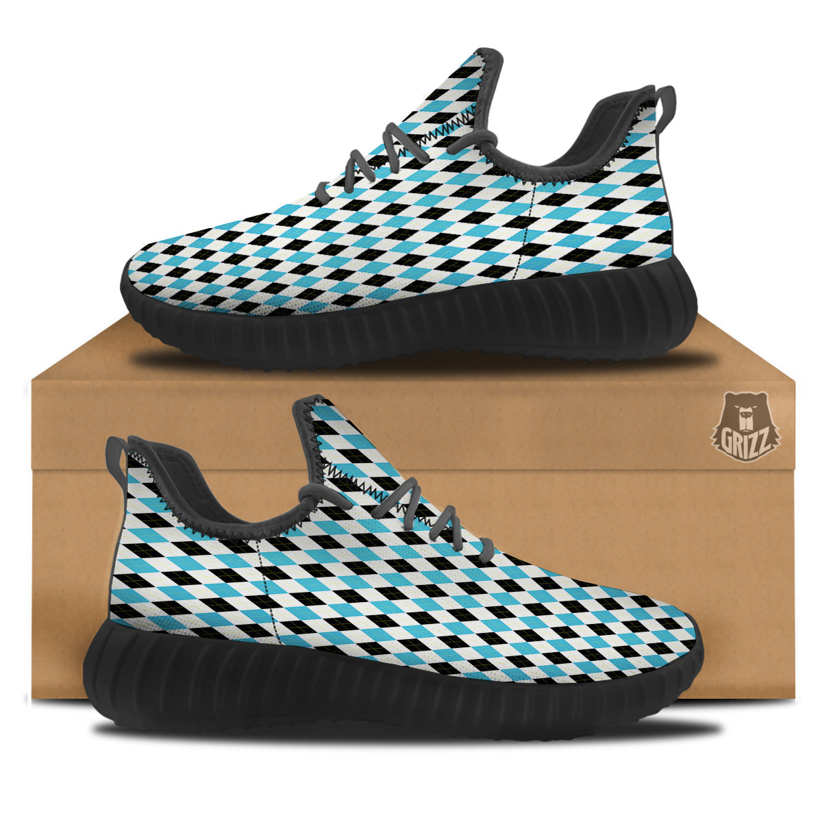 Yellow Black And Blue Argyle Print Black Walking Shoes-grizzshop