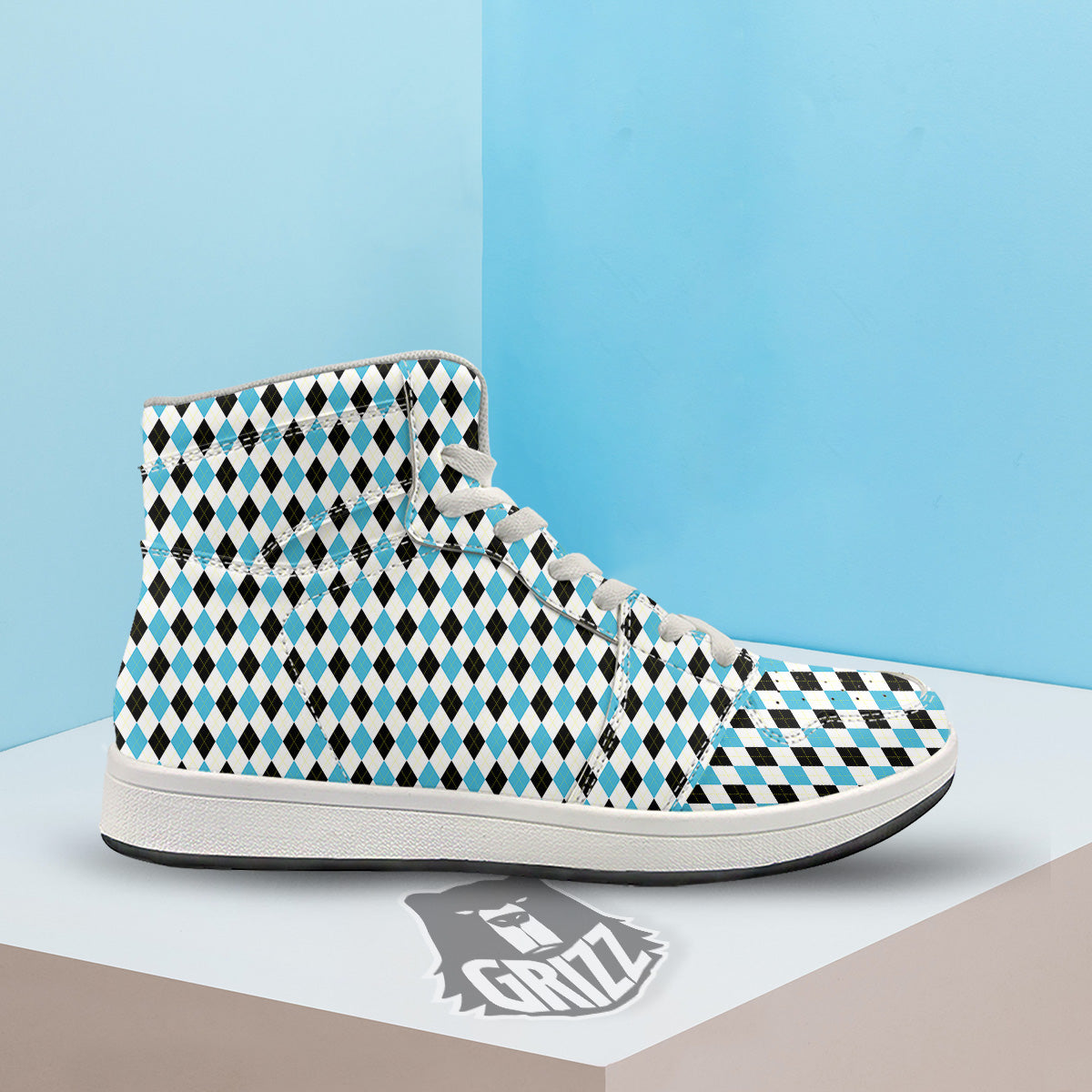 Yellow Black And Blue Argyle Print High Top Sneakers-grizzshop