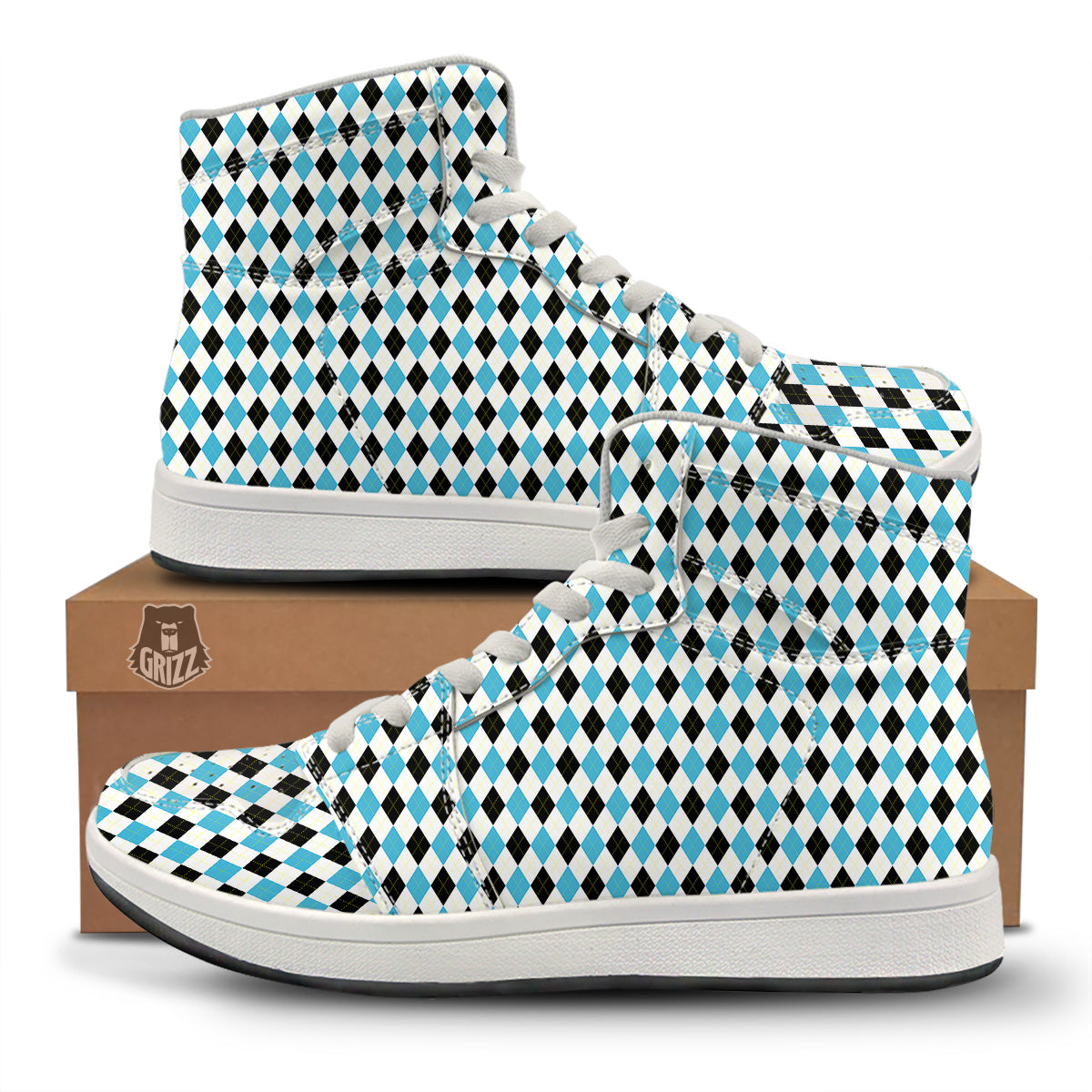 Yellow Black And Blue Argyle Print High Top Sneakers-grizzshop