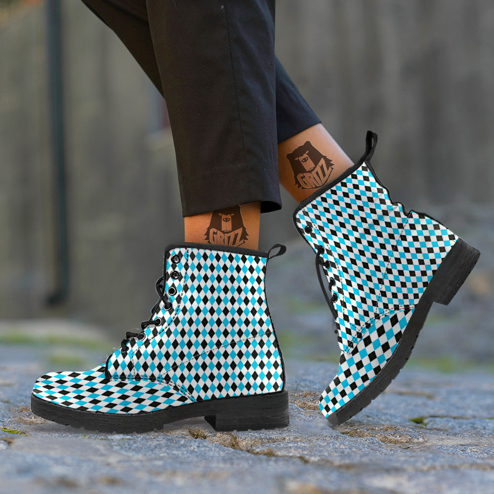 Yellow Black And Blue Argyle Print Leather Boots-grizzshop