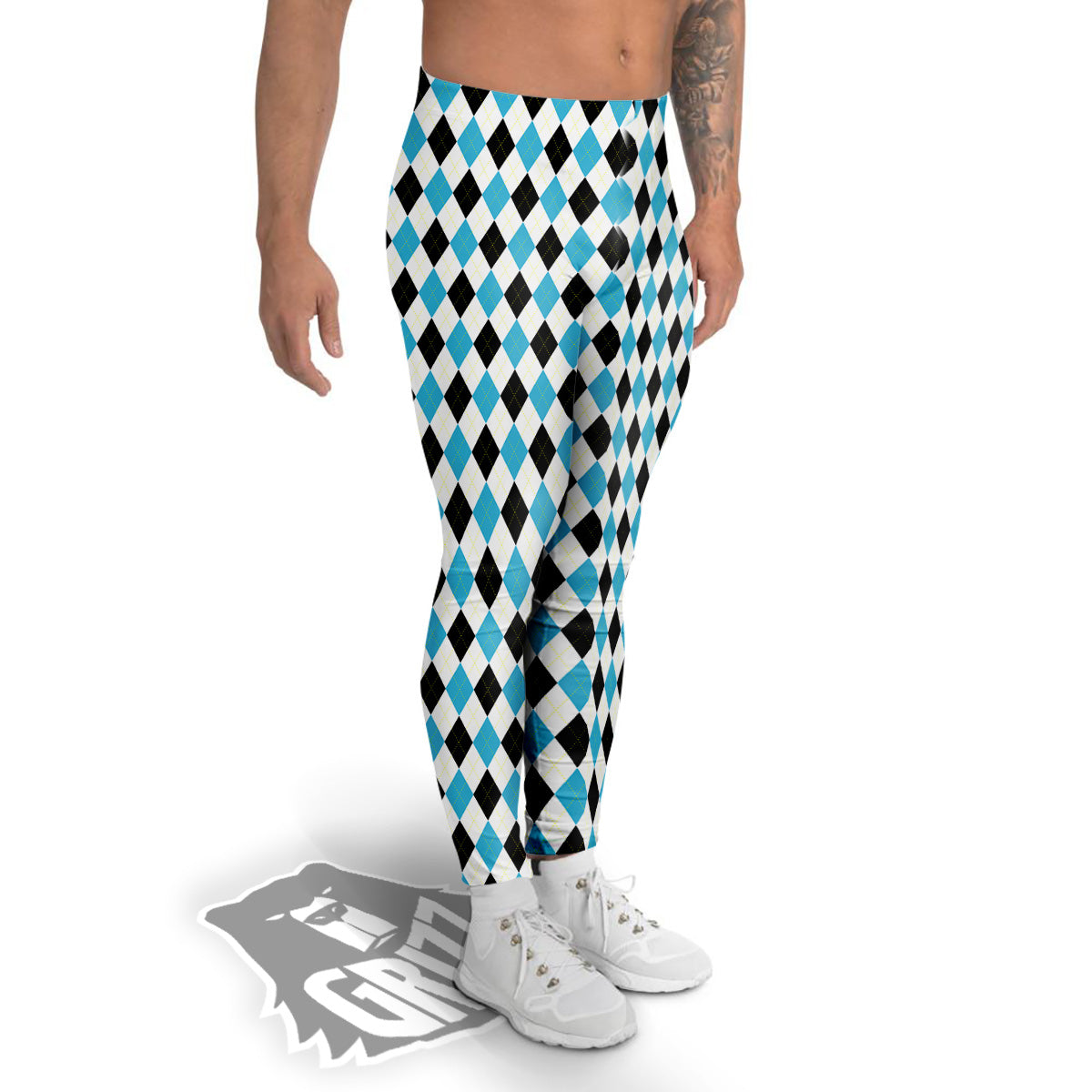 Yellow Black And Blue Argyle Print Men's Leggings-grizzshop