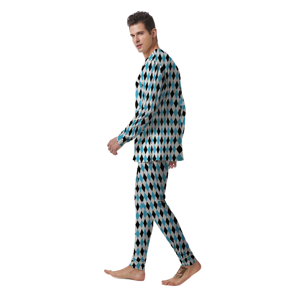 Yellow Black And Blue Argyle Print Men's Pajamas-grizzshop